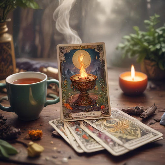 Image of a tarot card deck and a steaming cup of herbal tea on a wooden table.