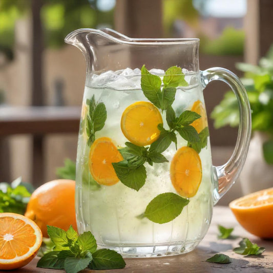 Image of a refreshing citrus mint herbal tea served over ice with fresh mint leaves and orange slices.