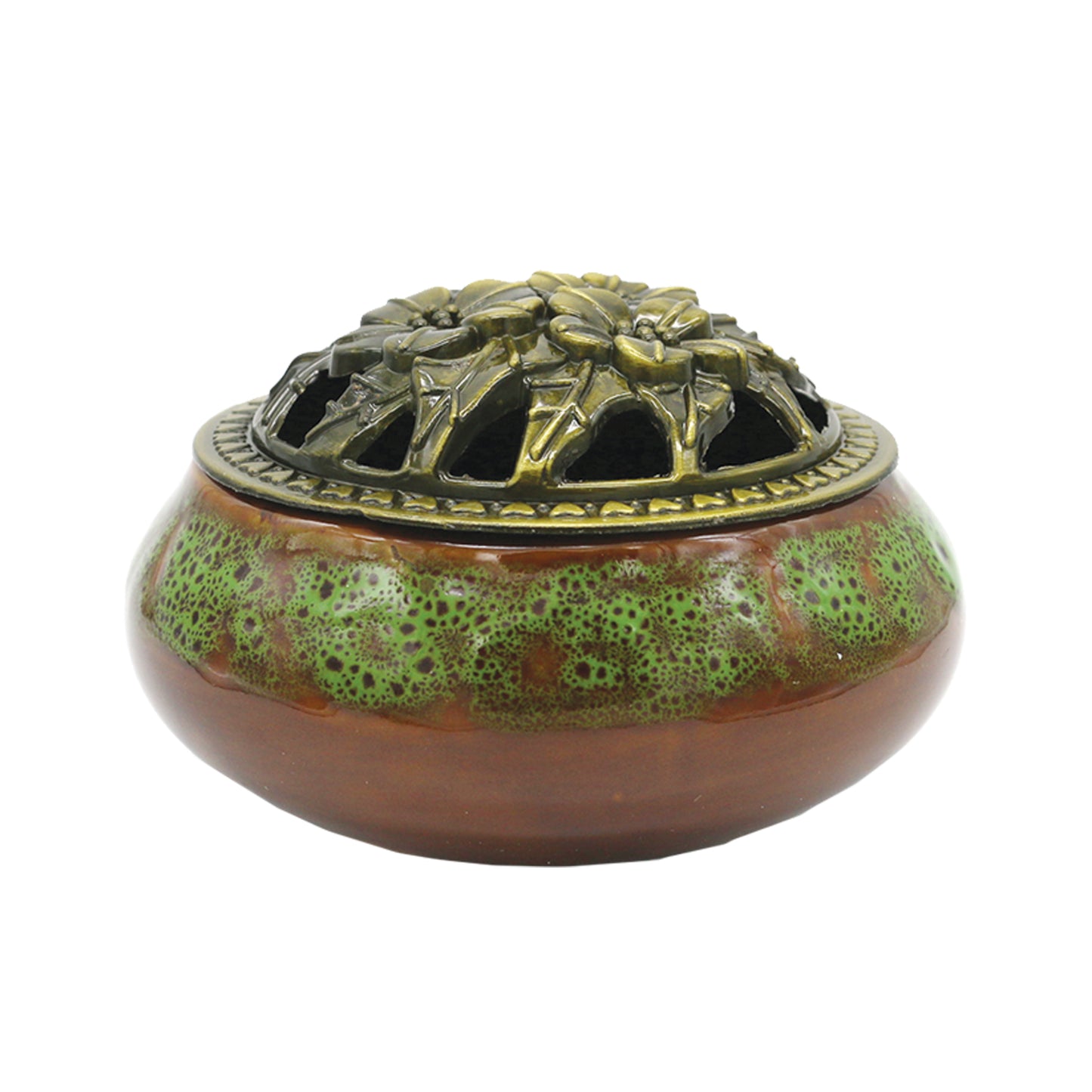 Brown and Green Incense Cone Burner with Brass Lid Ceramic Incense Burner 3-Bowl Set Elegant Brown and Green Incense Burner Portable Incense Burner with Brass Lid Decorative Brown and Green Incense Cone Burner