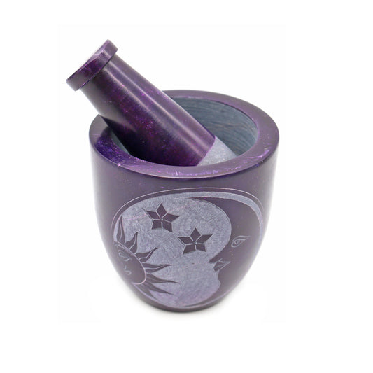 Purple Sun Moon Star Soapstone Mortar & Pestle 4" X 3.5"