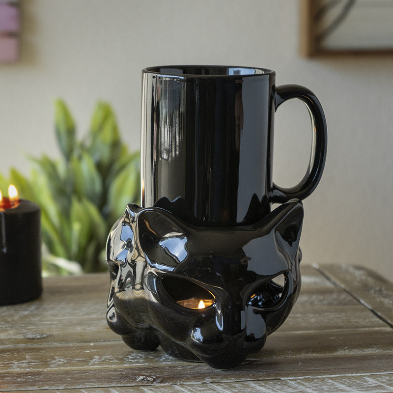 Cat Tea Light Mug Warmer Set - Ceramic Mug and Warmer Close-up of Cat Design on Ceramic Mug Cat Tea Light Warmer with Mug in Use Box Packaging of Cat Tea Light Mug Warmer Set