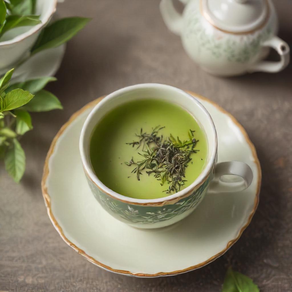 China Green Tea Organic Fair Trade package Close-up of China Green Tea leaves Brewed cup of China Green Tea Steeping China Green Tea in a teapot