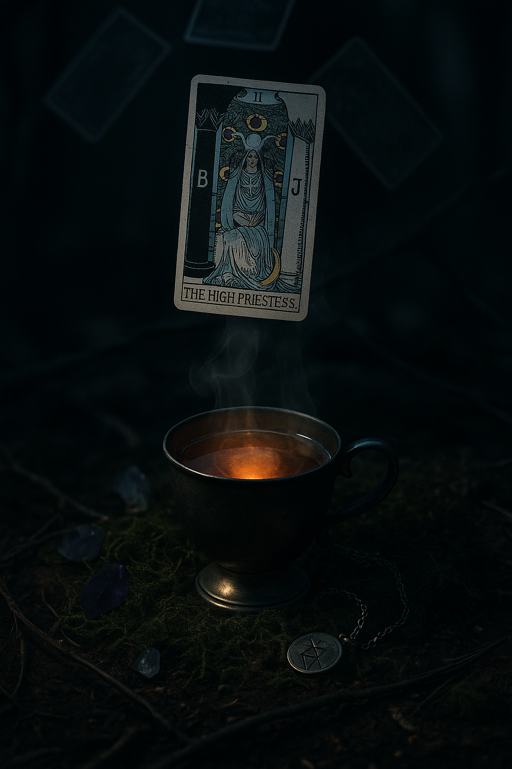 A mystical photo of Cream Earl Grey tea poured into a vintage silver cup, surrounded by moss, a runed silver charm, and a floating High Priestess tarot card—capturing the essence of Ancient Whispers tea blend inspired by deep intuition and hidden knowledge