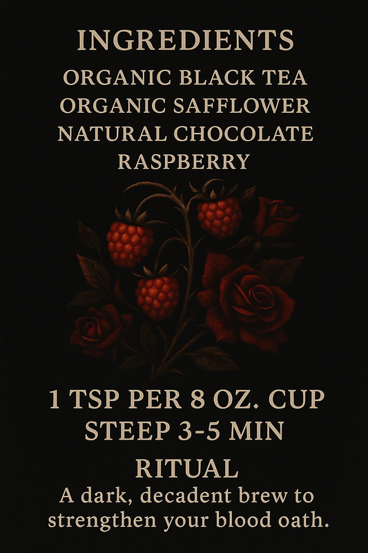Bloodberry Oath tea back label with ingredients list, steeping instructions, and ritual description, framed by raspberries and roses on a black background.