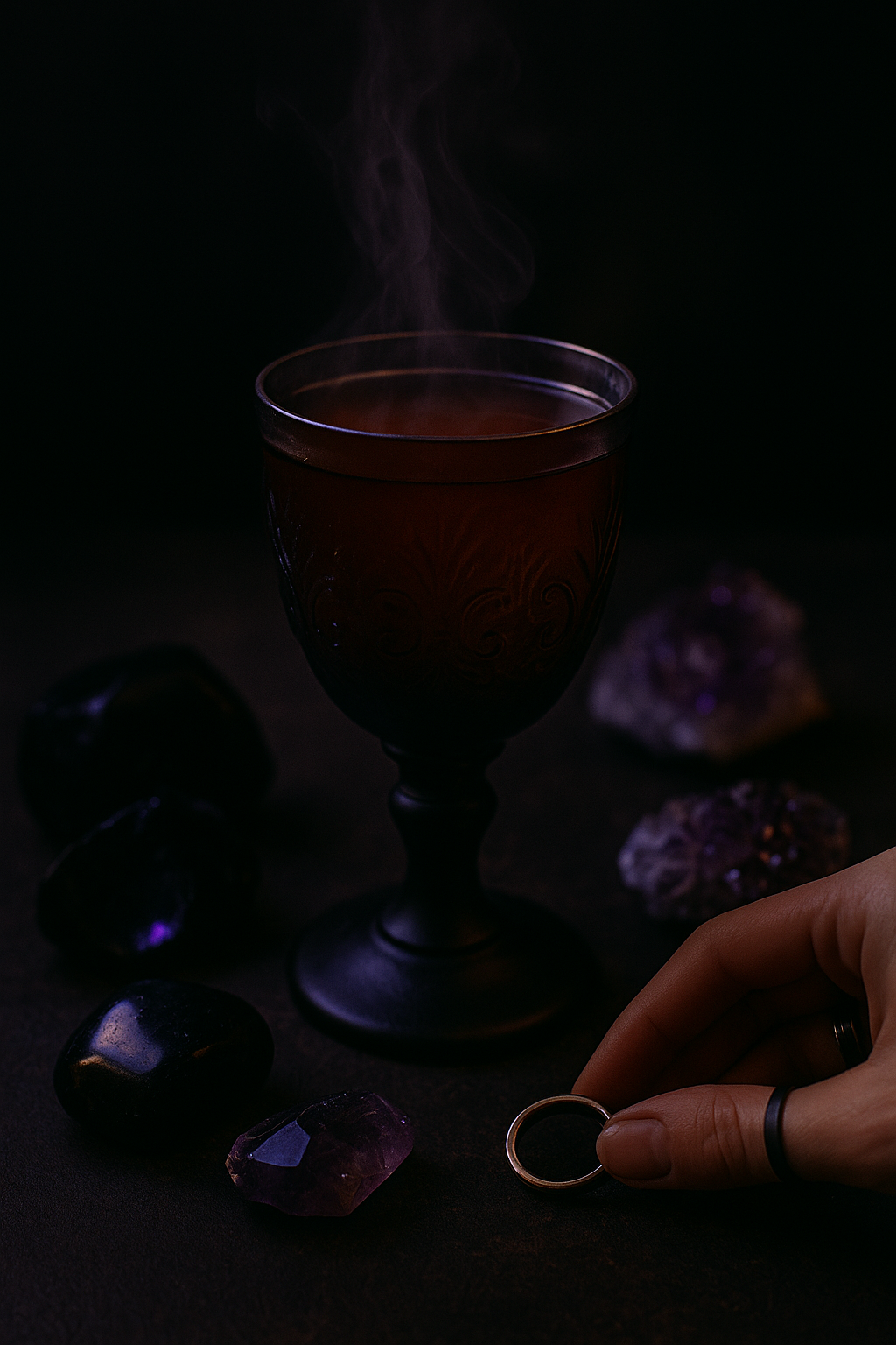 A dark fantasy-inspired photo of spiced white pear tea poured into a black goblet, surrounded by obsidian, amethyst crystals, and a silver ring, with violet light reflecting off the stones—capturing the essence of the Obsidian Heart tea blend.