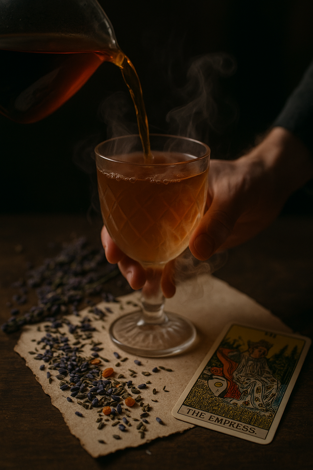 A steaming glass of lavender peach herbal tea being poured beside dried herbs and The Empress tarot card, styled for The High Lady blend inspired by ACOTAR