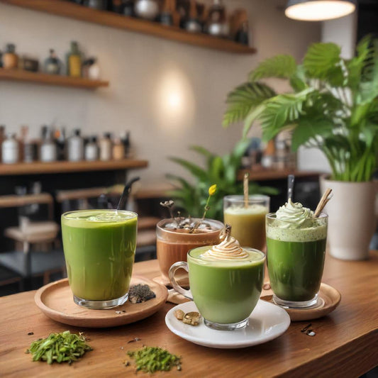 A detailed photo of a modern tea setup with matcha latte and herbal infusions, set against a trendy café backdrop.