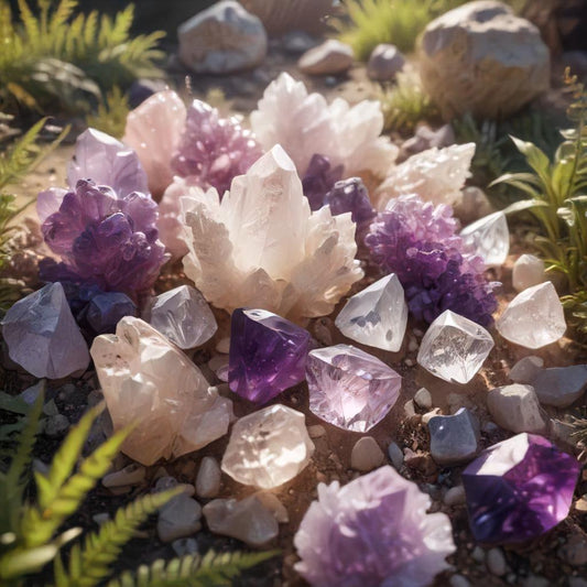 Image of various healing crystals arranged in a beautiful display.