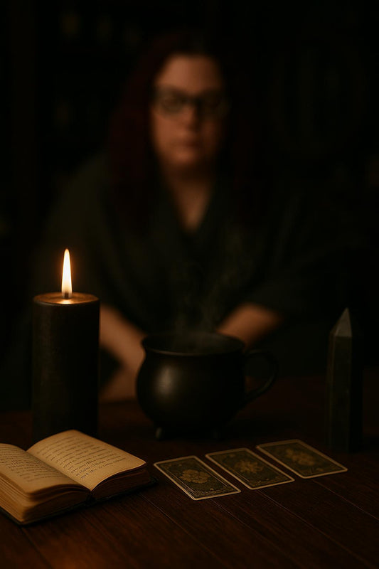 Moody ritual scene with a candle, tarot cards, steaming cauldron mug, crystal tower, and an open book, with a blurred woman in the background.