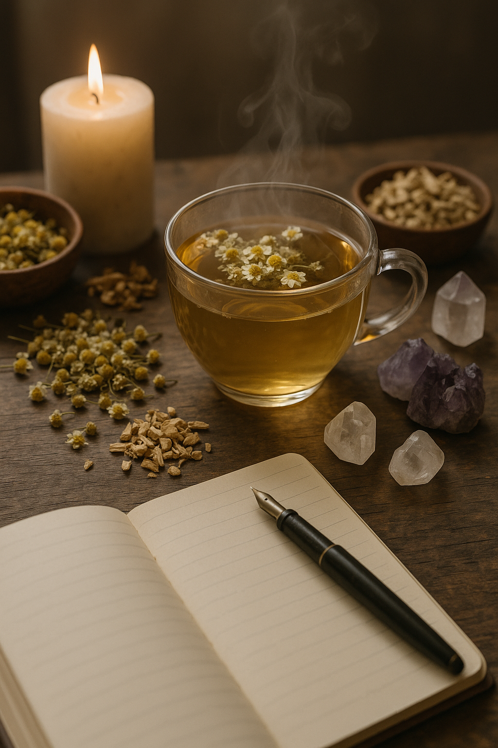 Ritual altar scene with steaming chamomile herbal tea, crystal allies, burning candle, and open journal for connecting with plant spirit allies