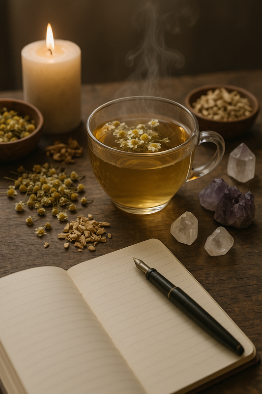Ritual altar scene with steaming chamomile herbal tea, crystal allies, burning candle, and open journal for connecting with plant spirit allies