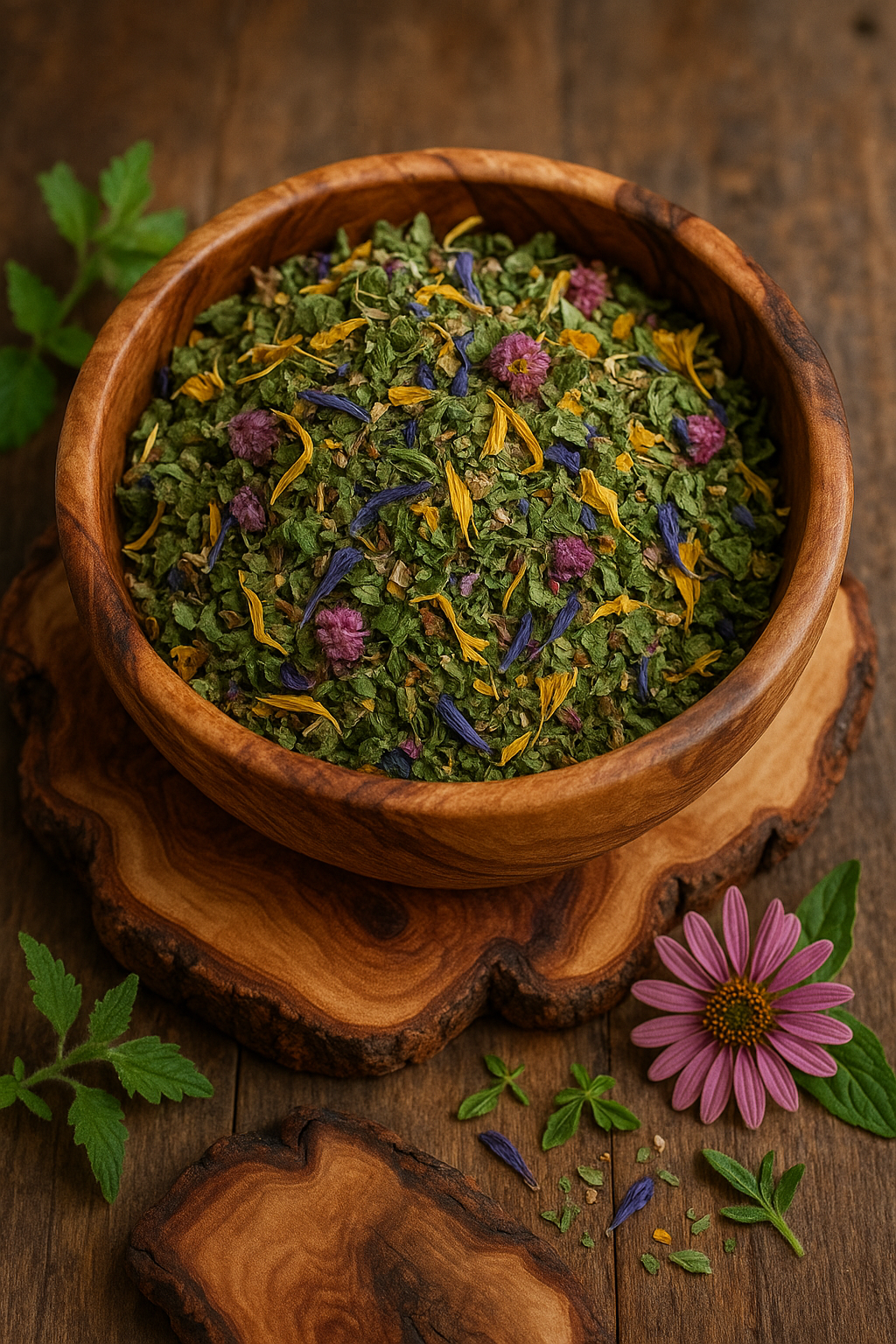 A wooden bowl filled with vibrant herbal tea leaves and colorful petals, resting on a rustic wood slab with echinacea and mint—capturing the earthy, handcrafted essence of Dear Universe Apothecary’s Signature Blends collection.