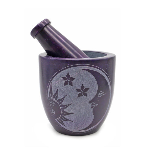 Purple Sun Moon Star Soapstone Mortar & Pestle 4" X 3.5"