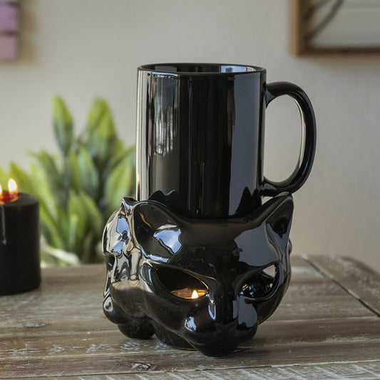 Cat Tea Light Mug Warmer Set - Ceramic Mug and Warmer Close-up of Cat Design on Ceramic Mug Cat Tea Light Warmer with Mug in Use Box Packaging of Cat Tea Light Mug Warmer Set
