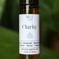 Clarity Essential Oil Roller Blend bottle Close-up of Clarity Roller Blend ingredients Application of Clarity Essential Oil Roller Blend on wrist 10ml Clarity Essential Oil Roller bottle packaging