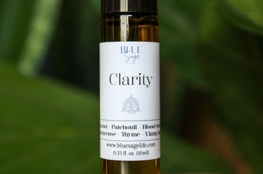Clarity Essential Oil Roller Blend bottle Close-up of Clarity Roller Blend ingredients Application of Clarity Essential Oil Roller Blend on wrist 10ml Clarity Essential Oil Roller bottle packaging