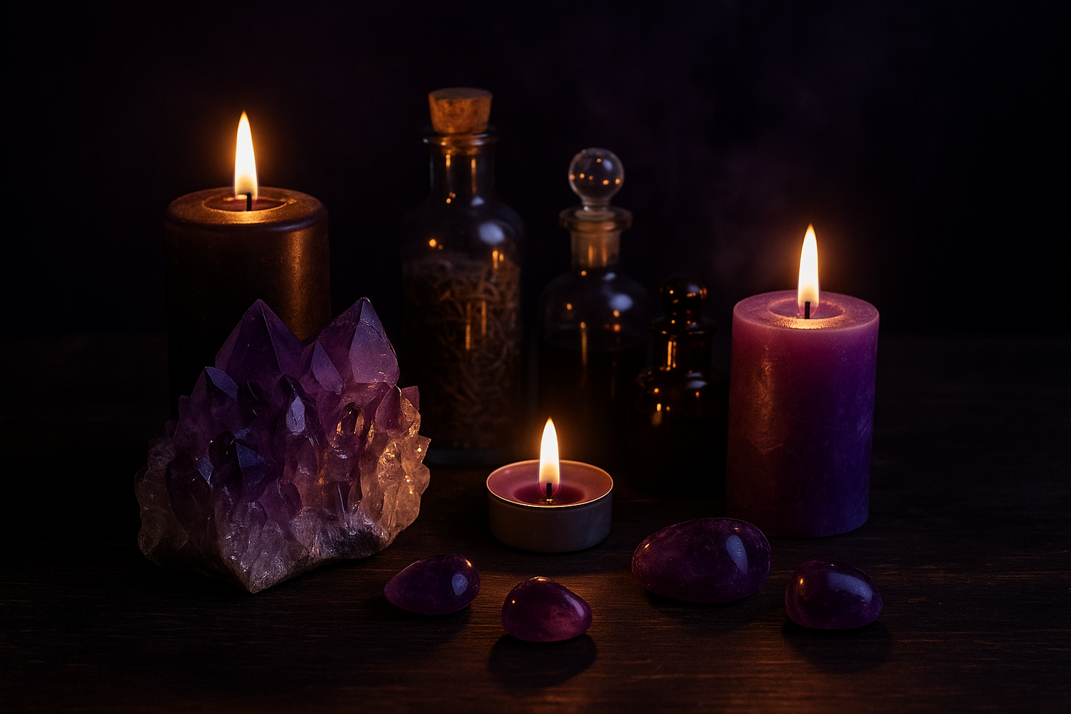 A Black and Purple Candle Burning. Centered between potion bottles. A Small Tea Light Candle burns in front with a Amethyst Crystal Cluster and Small Tumbles on a Wooden Table. 