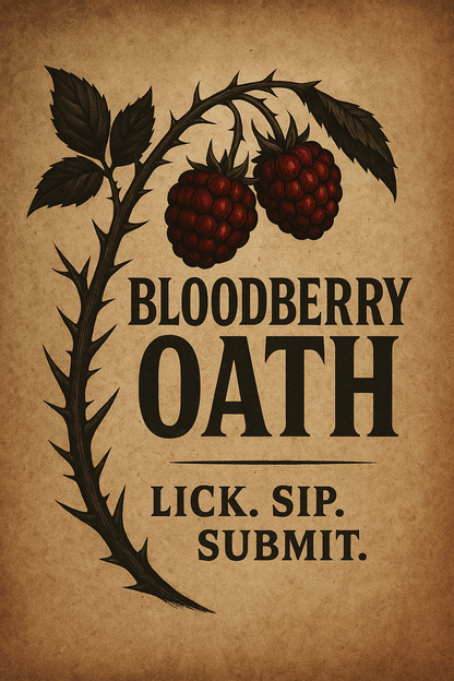 Bloodberry Oath tea front label featuring bold gothic text and illustrated raspberries on a thorny vine, set against a parchment background.