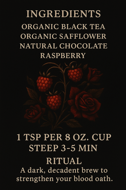 Bloodberry Oath tea back label with ingredients list, steeping instructions, and ritual description, framed by raspberries and roses on a black background.