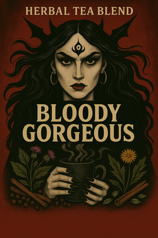 Illustration of a fierce witch holding a steaming tea mug with roots, herbs, and spices like dandelion, burdock, cinnamon, and juniper—promoting Bloody Gorgeous detox tea with a bold, mystical vibe.