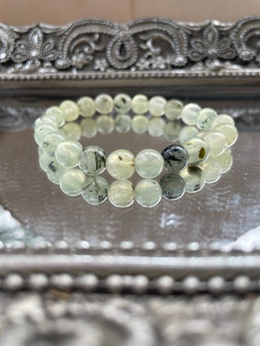 Handmade Prehnite Bracelet with natural green crystals for heart chakra healing, calm, and emotional clarity
