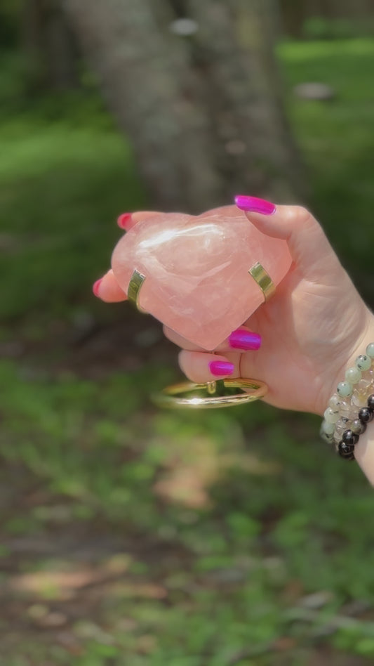 Rose Quartz Heart on Gold Stand – Crystal of Love & Emotional Healing