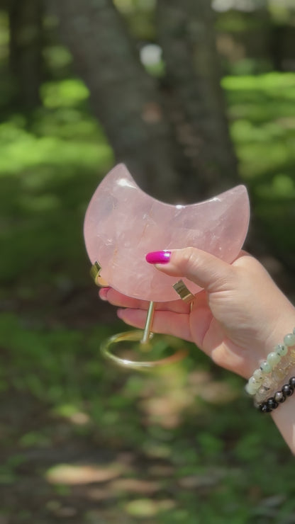 Rose Quartz Crescent Moon on Gold Stand – Heart Healing & Divine Feminine Energy