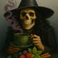 Illustration of a skeleton witch in a black hat holding a steaming green tea cup, surrounded by berries, mint, and cinnamon—representing Trim Reaper metabolism-boosting tea with a dark, magical vibe