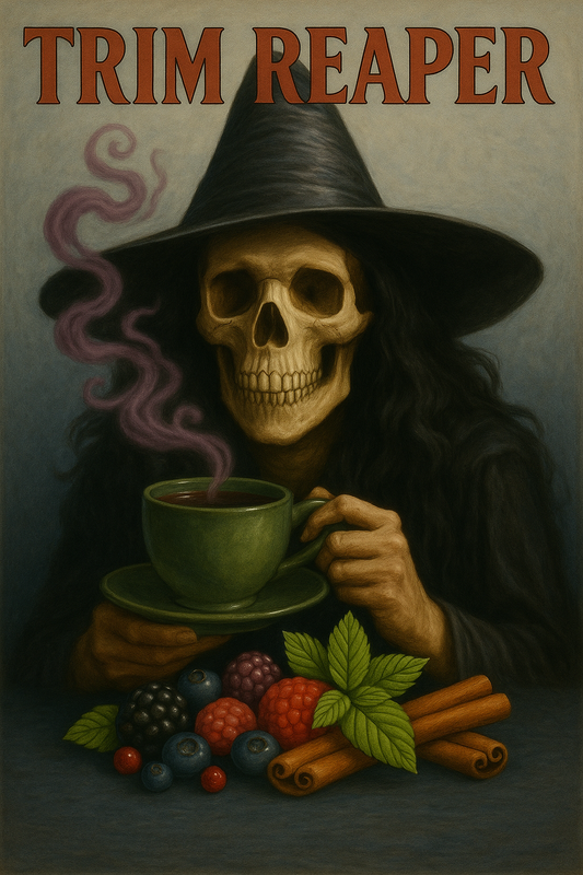 Illustration of a skeleton witch in a black hat holding a steaming green tea cup, surrounded by berries, mint, and cinnamon—representing Trim Reaper metabolism-boosting tea with a dark, magical vibe